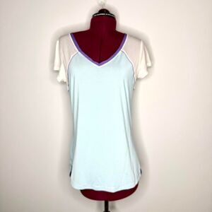 Lululemon Mod Moves Short Sleeve Blue White Silverescent V-Neck T-shirt Womens